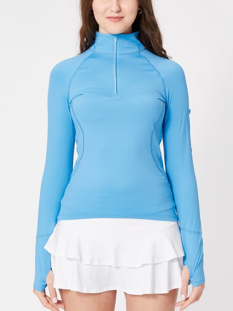 BloqUV Women's Sun Protective Mock Zip Long Sleeve Athletic Top (Ocean Blue)