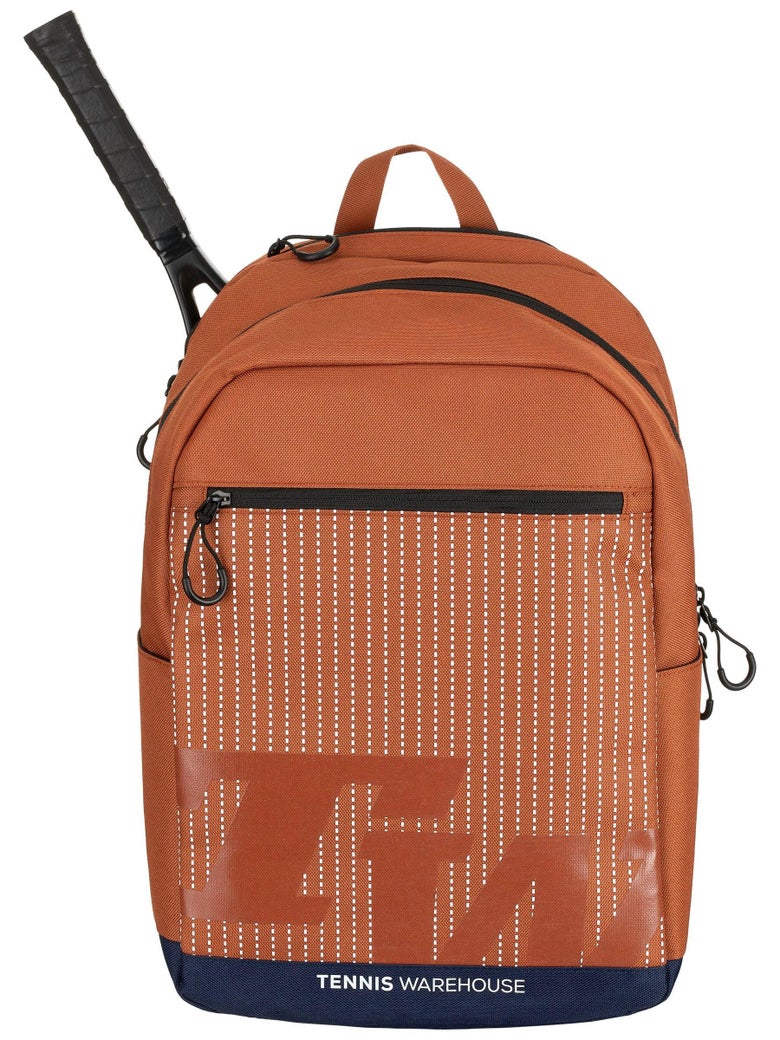 Front of the brown Tennis Warehouse Backpack