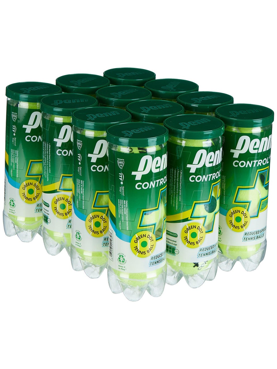 Penn Control Plus Green Dot Tennis Balls 12 Can Case Tennis Warehouse