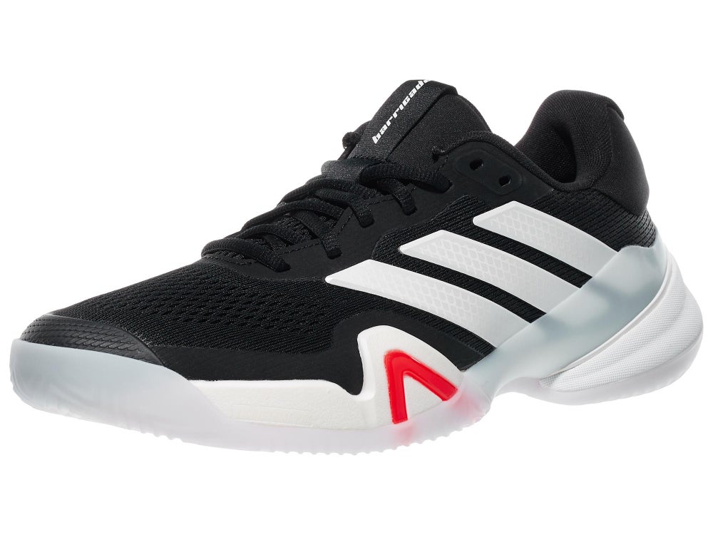 adidas Barricade 14 Clay tennis shoe in black, white and red, side profile showing the full herringbone clay outsole