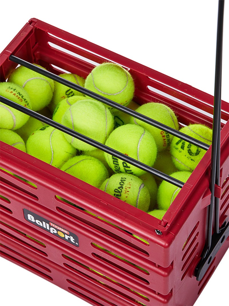 Ballport Deluxe Tennis Ball Hopper Wheels Holds 80 Balls Red  Handles Lock Both 