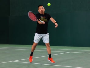 Image of a Playtester Hitting a Forehand Volley