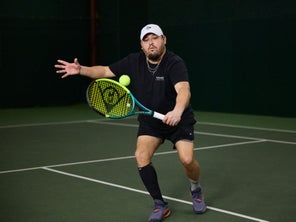 Image of a Playtester Hitting a Volley