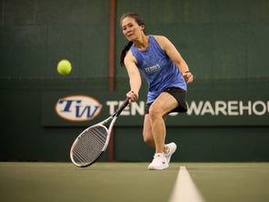Image of a Playtester Hitting a Forehand Volley