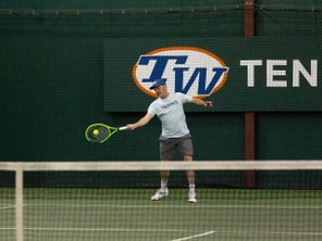 TW playtester hitting a forehand. 