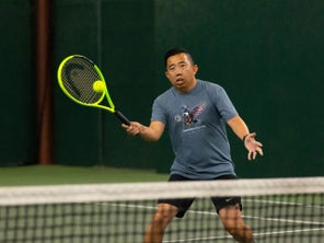 TW playtester hitting a volley. 