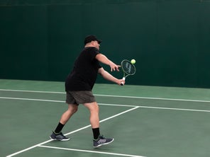 Image of a Playtester Hitting a Volley