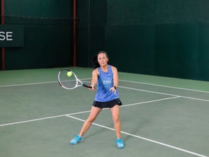 Image of a Playtester Hitting a Volley