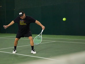 Image of a Playtester Hitting a Volley