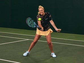 Image of a Playtester Hitting a Volley