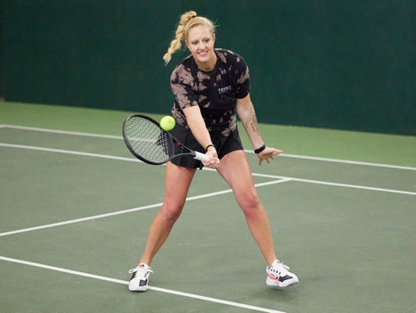Image of a Playtester Hitting a Volley