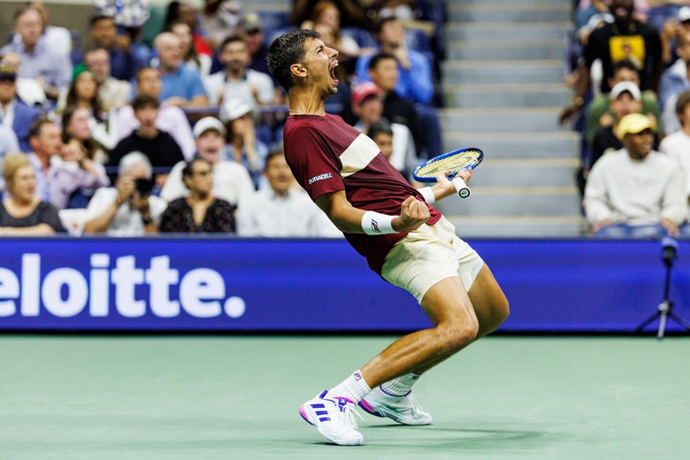 Popyrin roars after crushing a winner against Djokovic. 