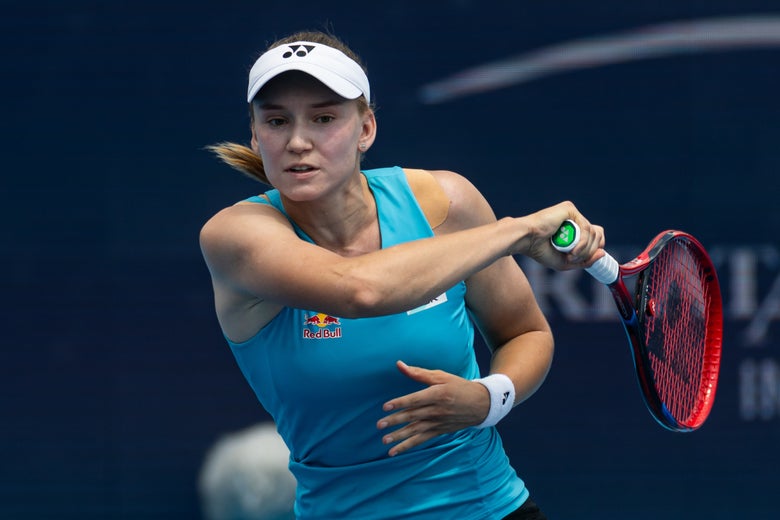 Rybakina follows through on a forehand. 