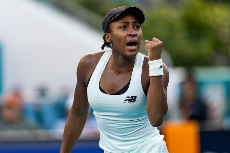 Coco Gauff fires herself and the crowd up. 