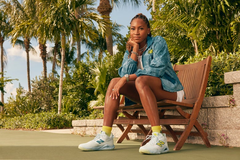 Coco Gauff sits on a bench wearing her Coco CG2 shoes