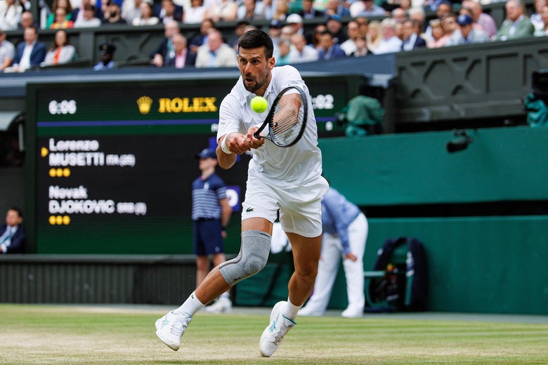 Djokovic sporting an Incrediwear knee brace during Wimbledon 2024.