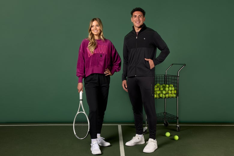 Man and Woman in tennis sweat shirt, jacket and pants.
