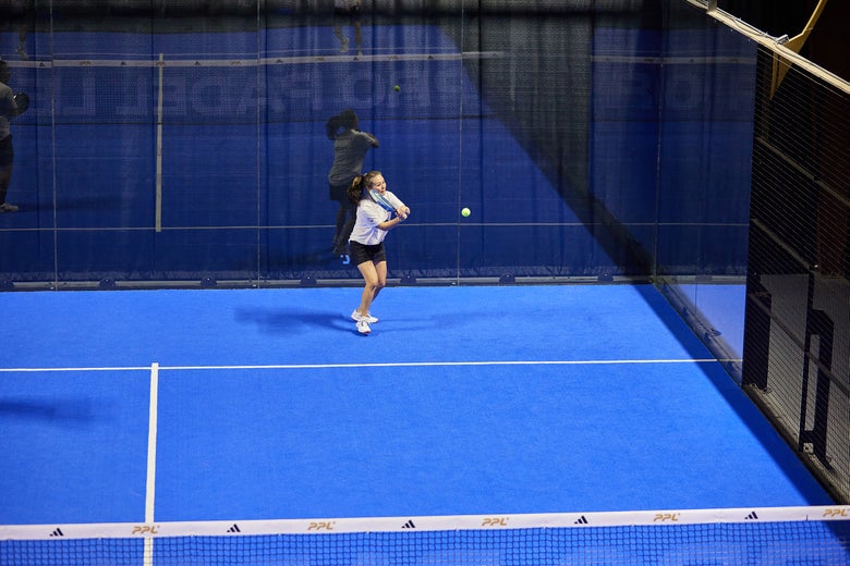 Image of a Padel Warehouse playtester defending in the back court. 