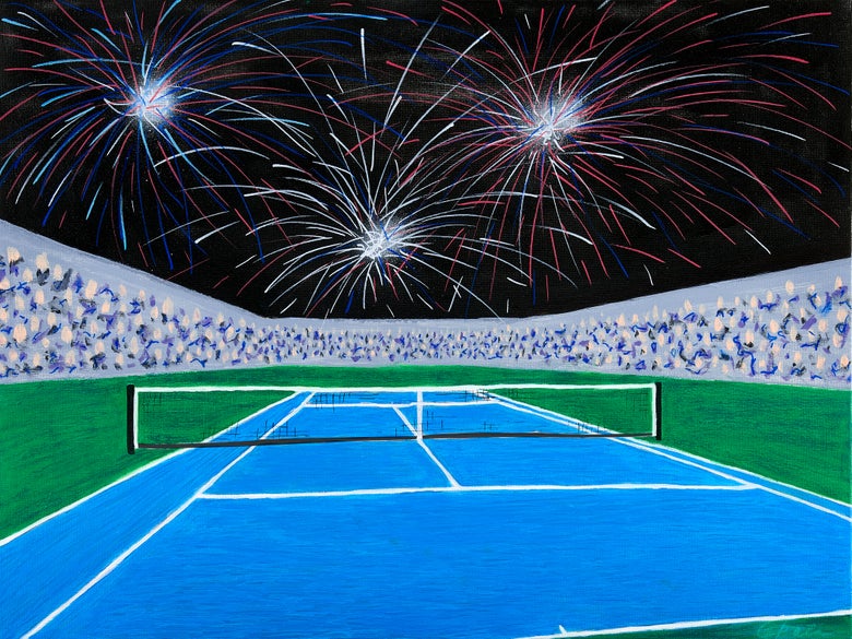 Tennis court with fireworks overhead