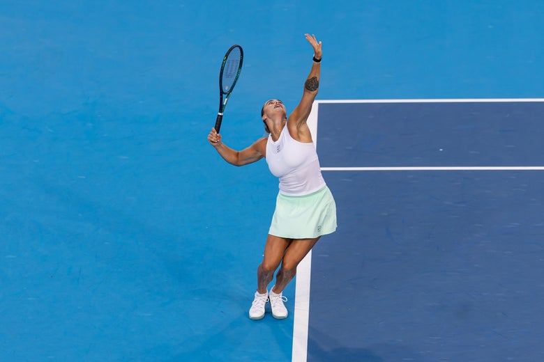 Aryna Sabalenka serving in Cincinnati. 