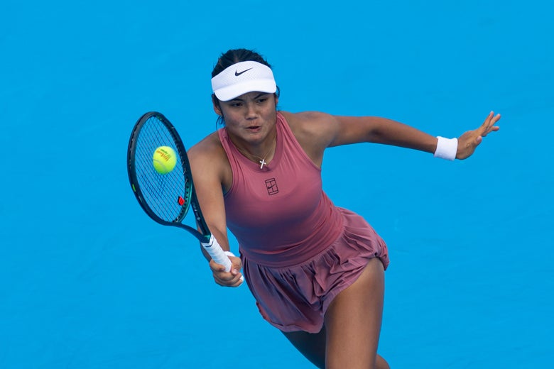 Emma Raducanu hitting a forehand volley in Cincinnati. 