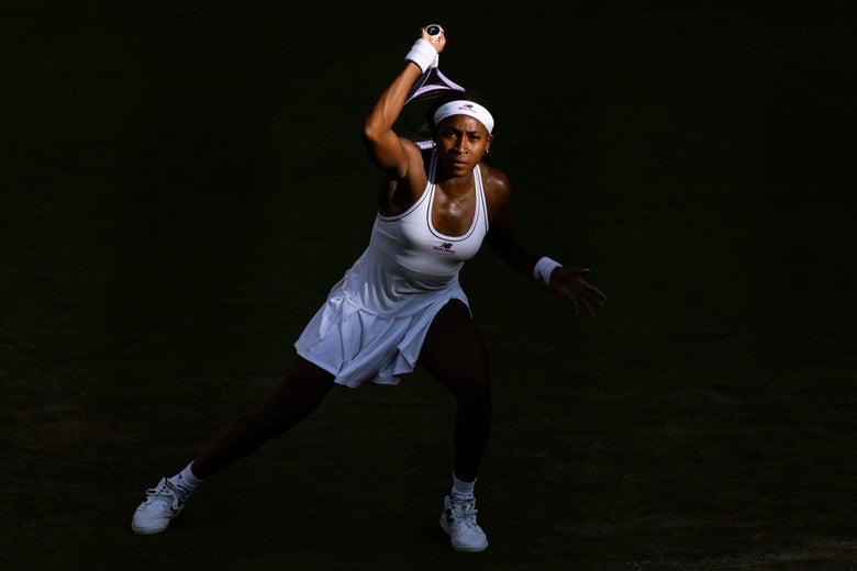 Coco Gauff follows through on a forehand. 
