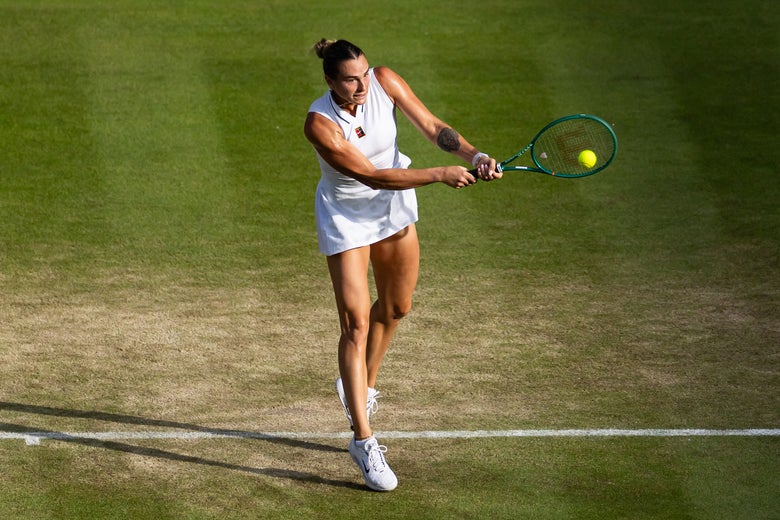 Sabalenka powers through a backhand. 