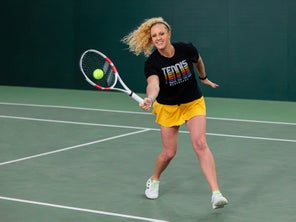 Image of a Playtester Hitting a Volley