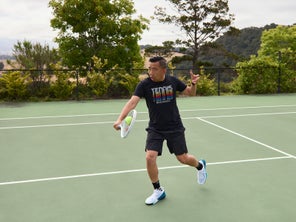 Image of Playtester hitting a backhand volley